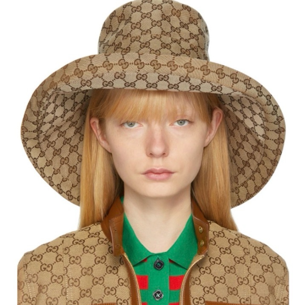 Beige Monogram Wide Brim Large Jacquard Canvas Bucket Hat Sun Coverage Beach New